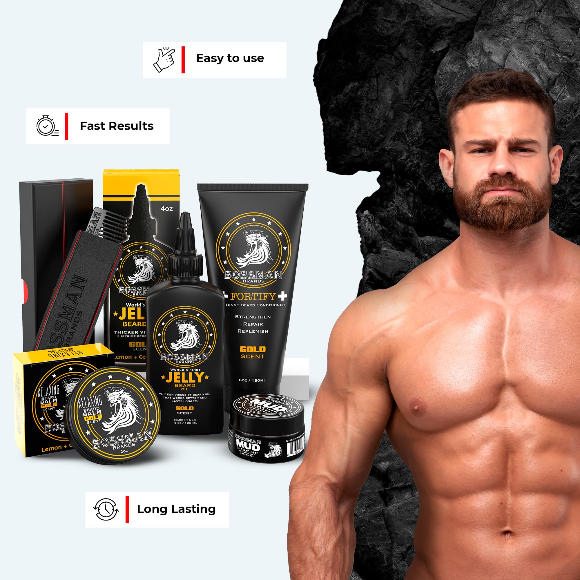 Complete Facial Hair Care Kit - Gold Scent - Jelly Beard Oil, Relax Beard Balm, Fortify Intense Beard Conditioner, Mudstache Mustache Wax and Metal Beard & Mustache Comb included by Bossman Brands